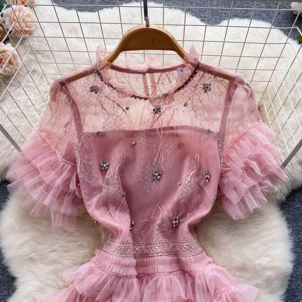 Short Sleeves Mesh Lace Layered Tulle Dress