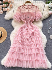 Short Sleeves Mesh Lace Layered Tulle Dress S / Pink