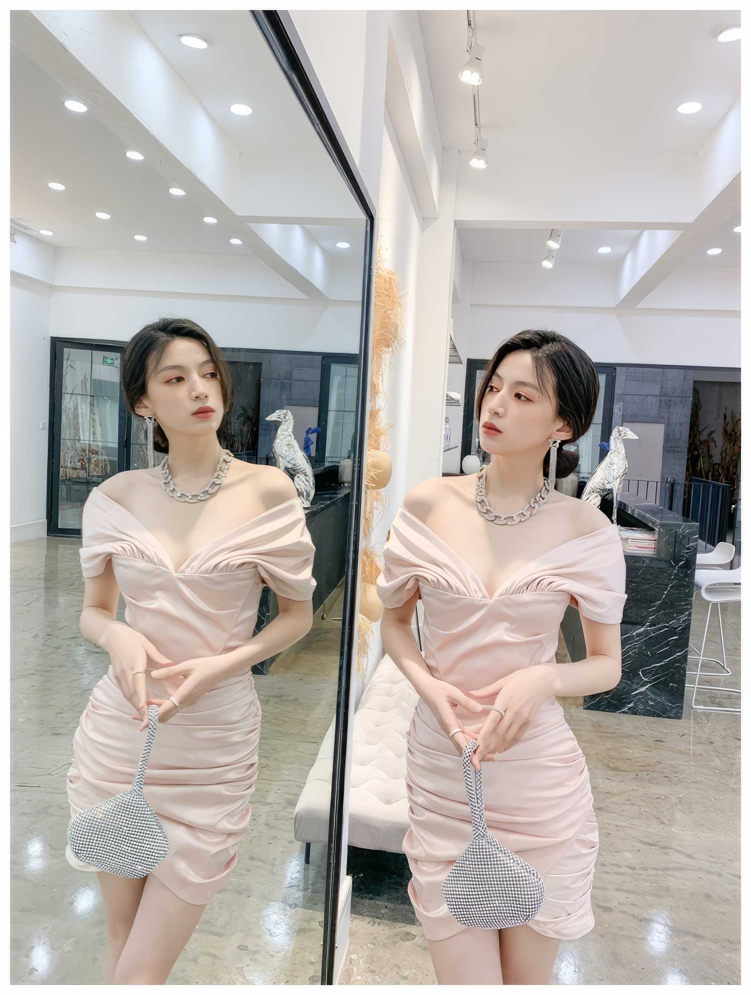Shoulder-Baring Ruched Wrap Mini Dress