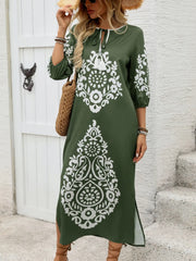 Side Slit Printed Tie Neck Dress