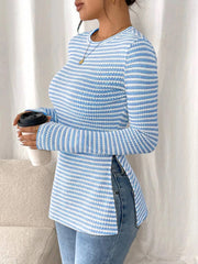 Side Slit Striped Long Sleeve T-Shirt
