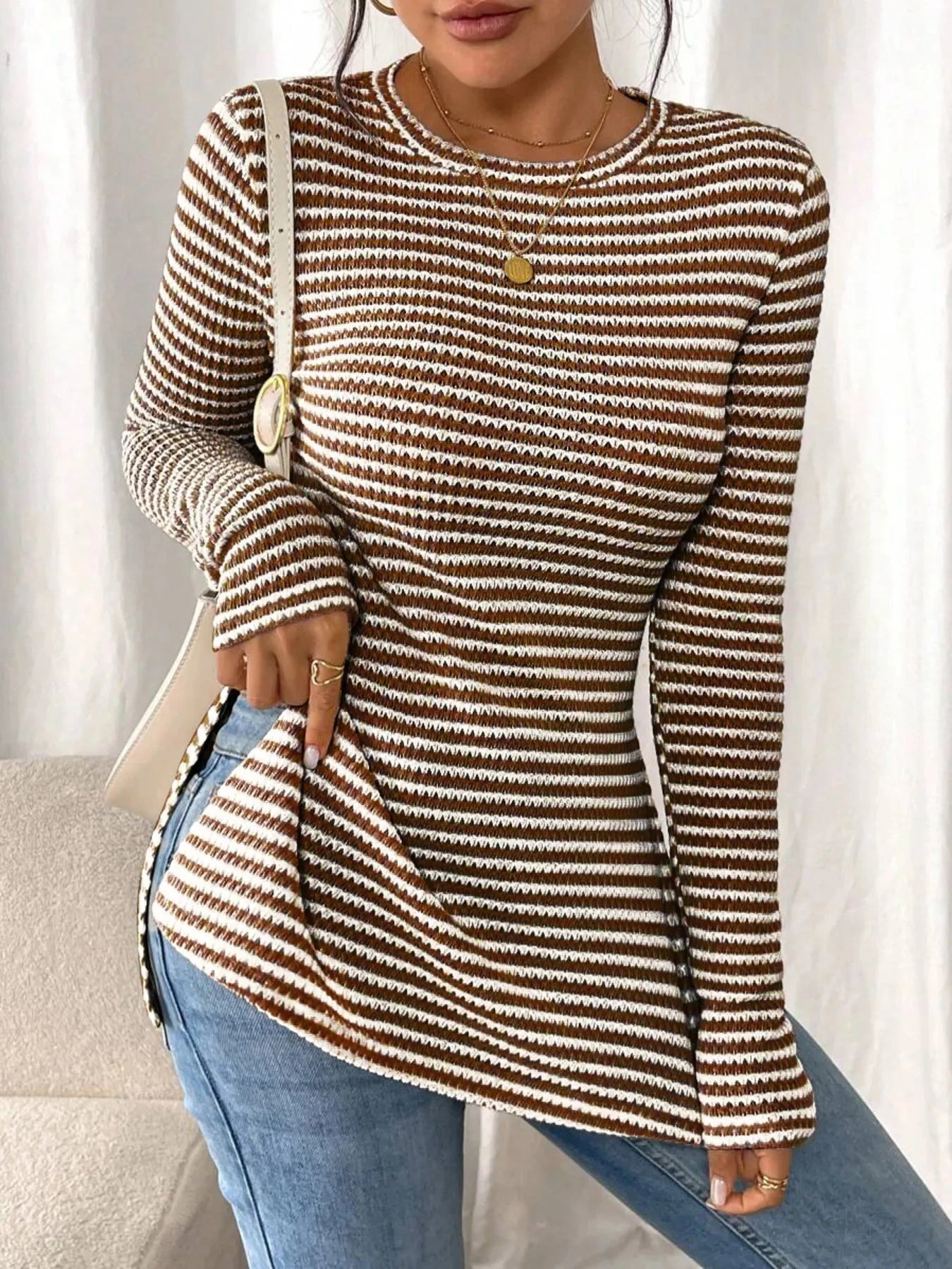 Side Slit Striped Long Sleeve T-Shirt