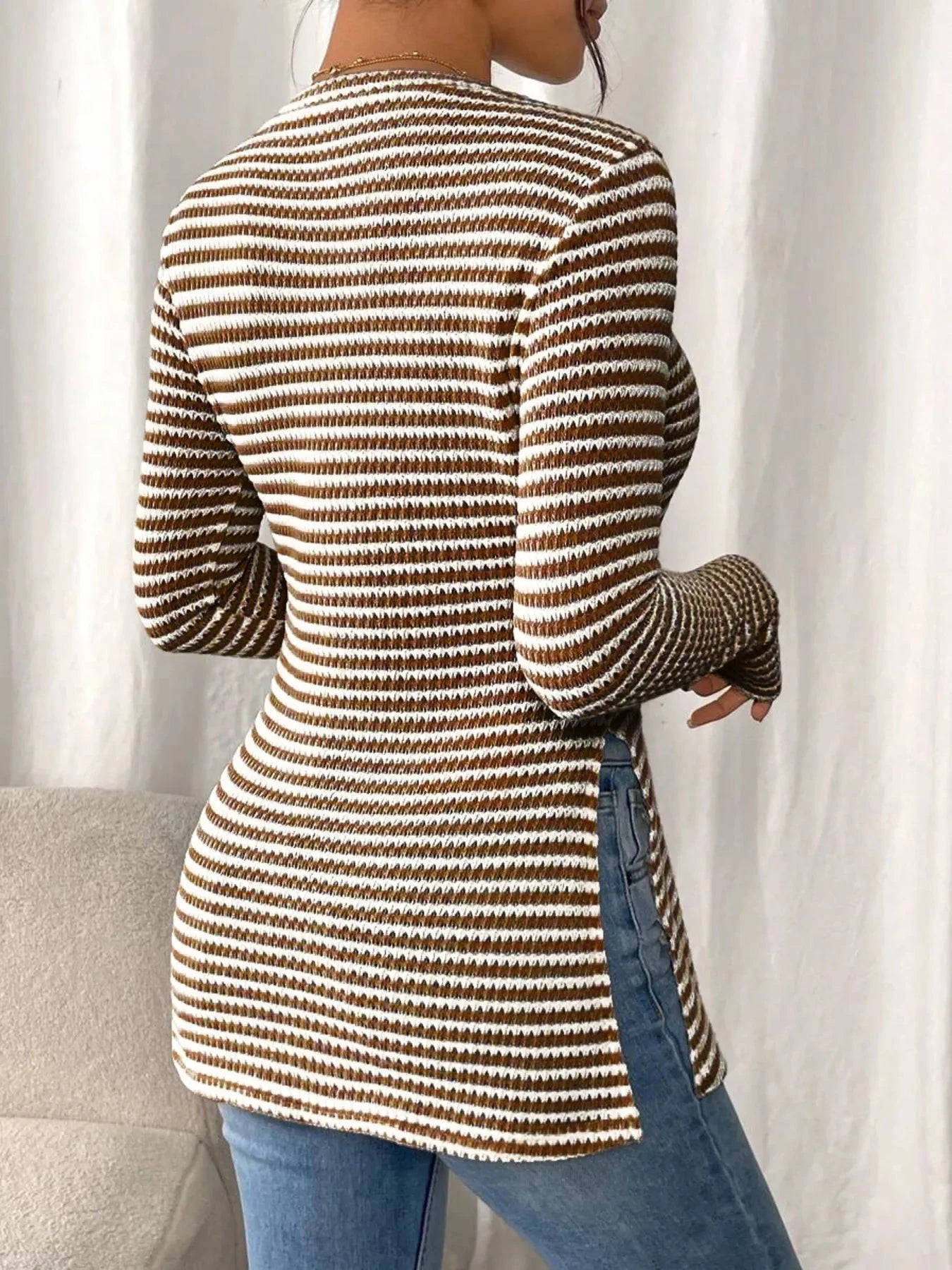 Side Slit Striped Long Sleeve T-Shirt