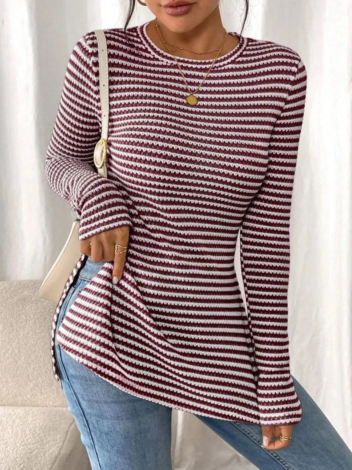 Side Slit Striped Long Sleeve T-Shirt