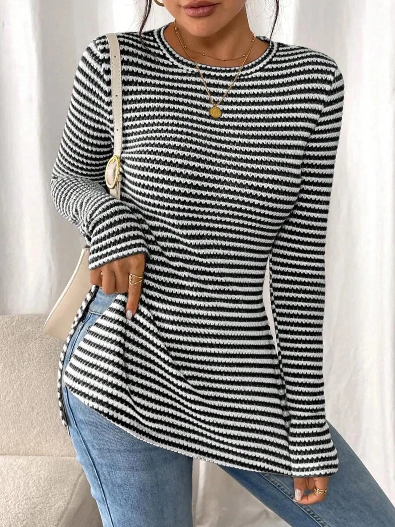 Side Slit Striped Long Sleeve T-Shirt