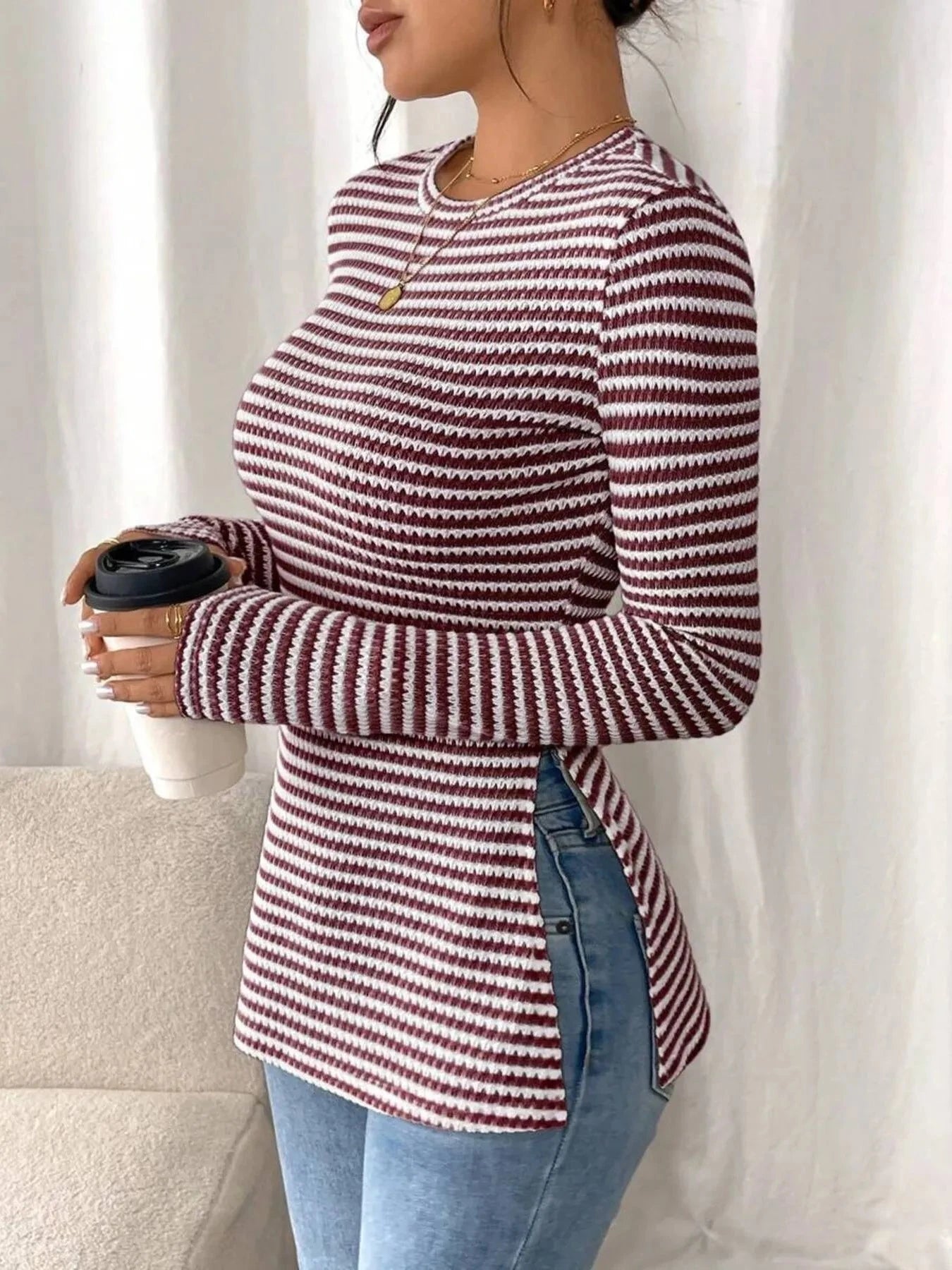 Side Slit Striped Long Sleeve T-Shirt