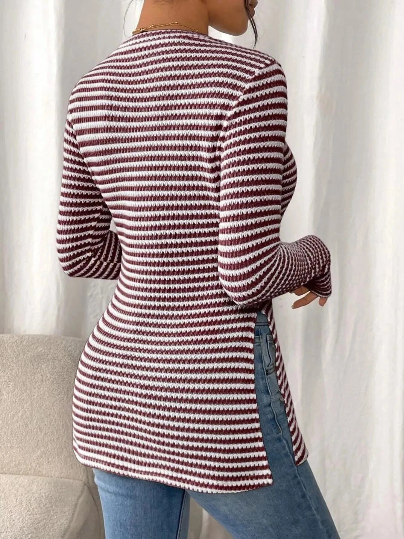 Side Slit Striped Long Sleeve T-Shirt