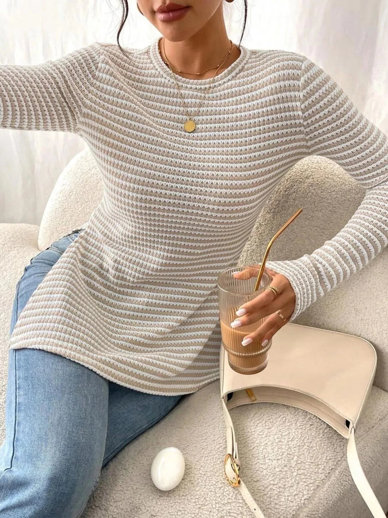 Side Slit Striped Long Sleeve T-Shirt