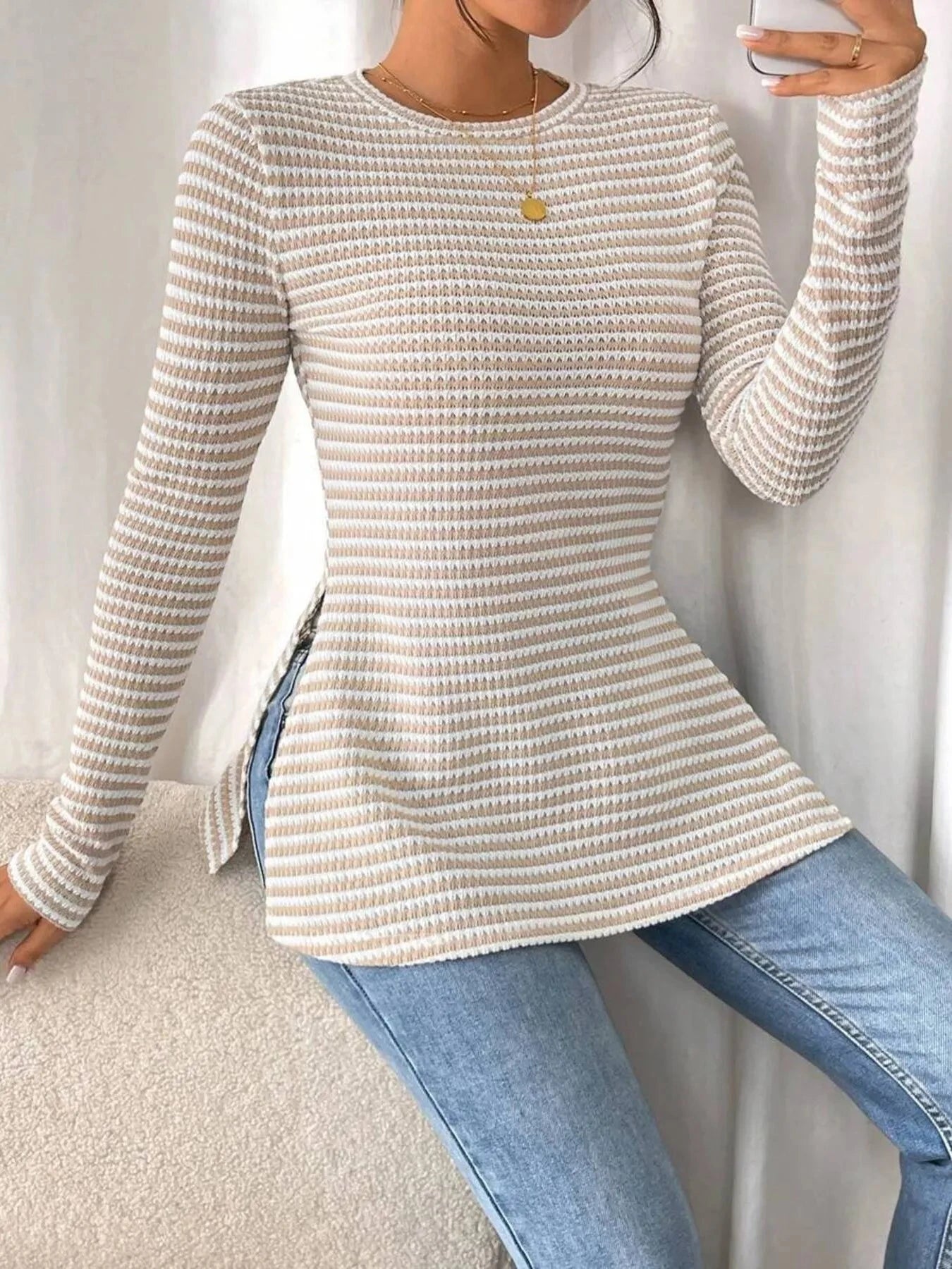 Side Slit Striped Long Sleeve T-Shirt