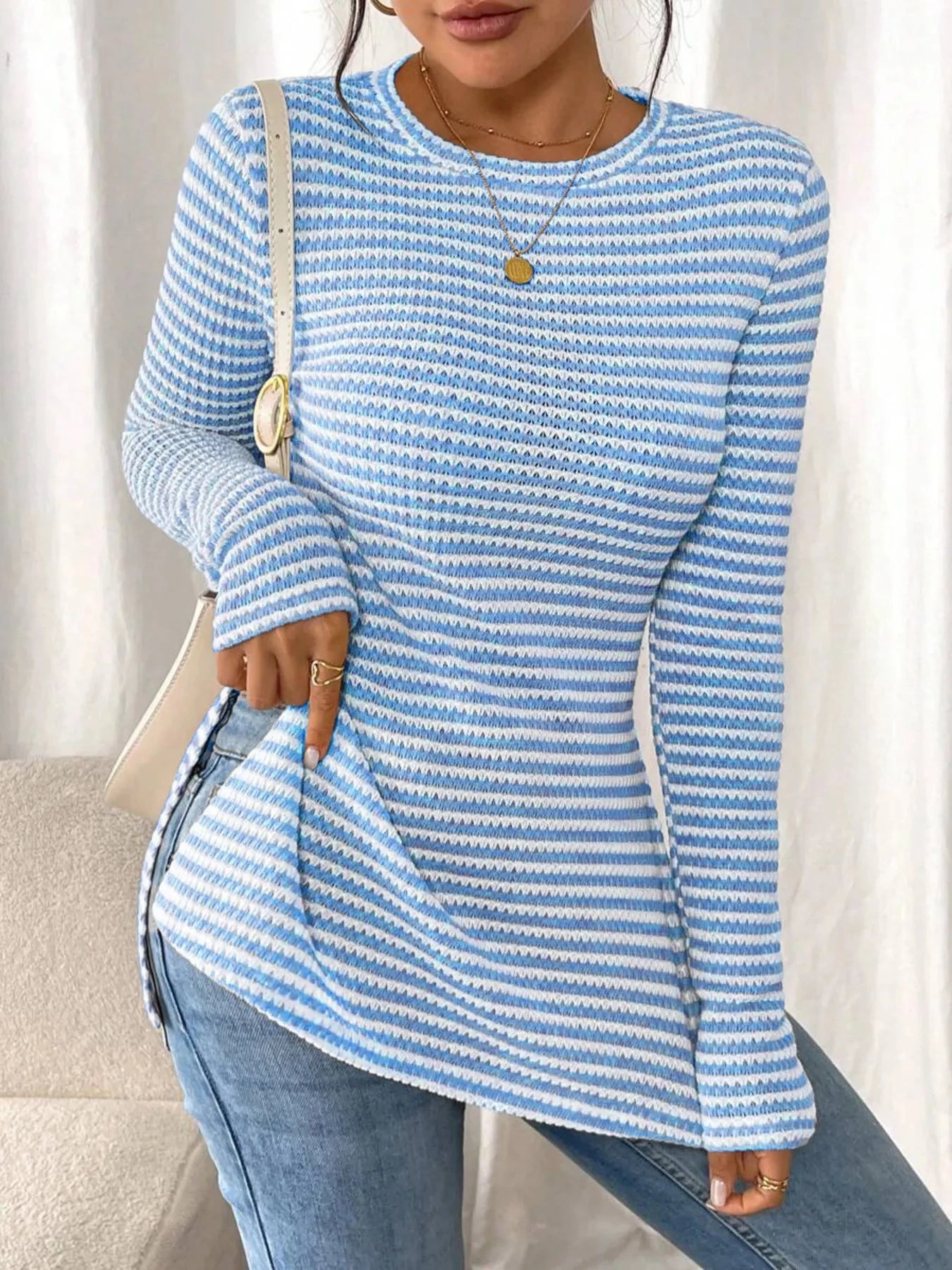 Side Slit Striped Long Sleeve T-Shirt