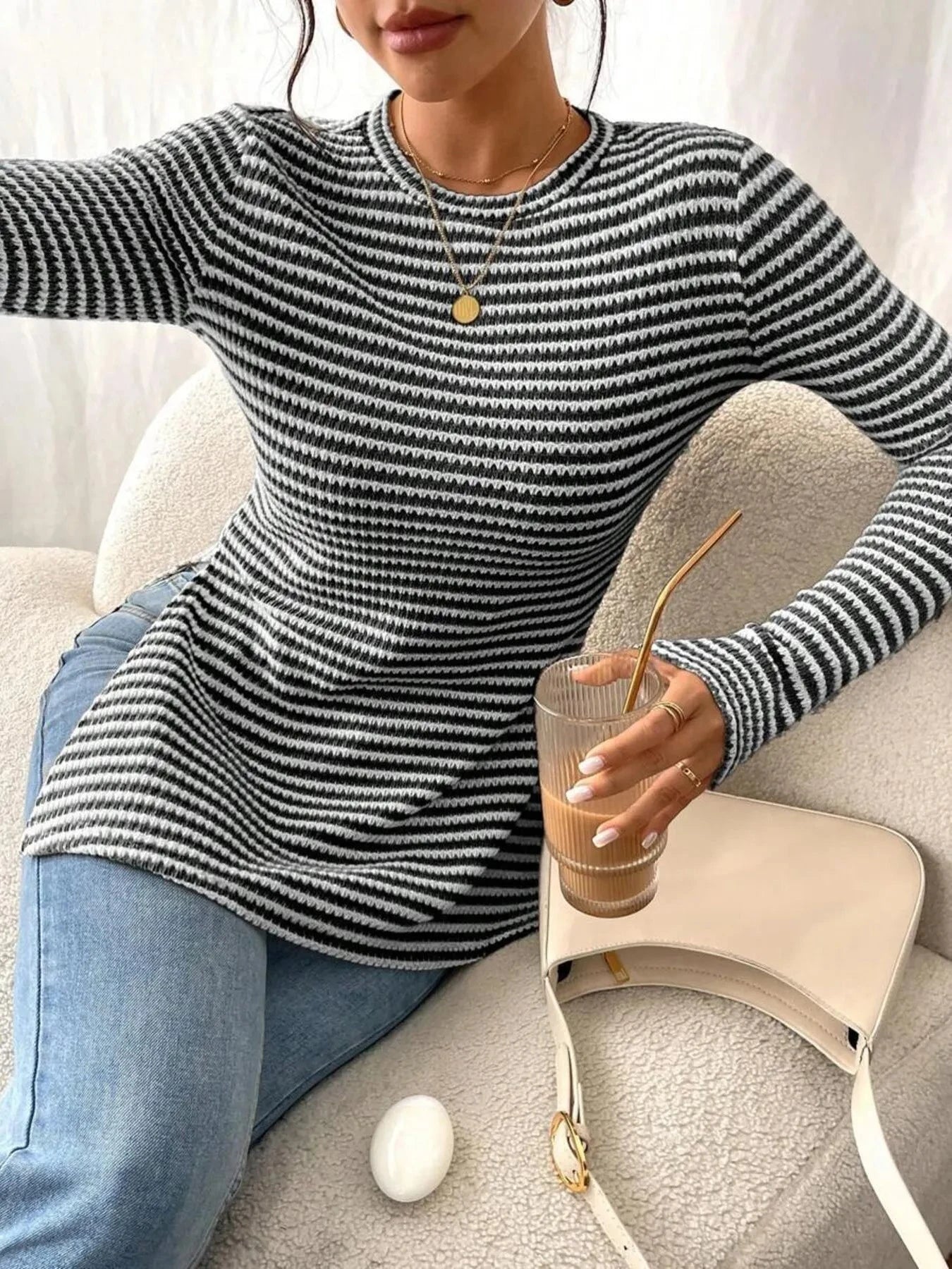 Side Slit Striped Long Sleeve T-Shirt Black / S