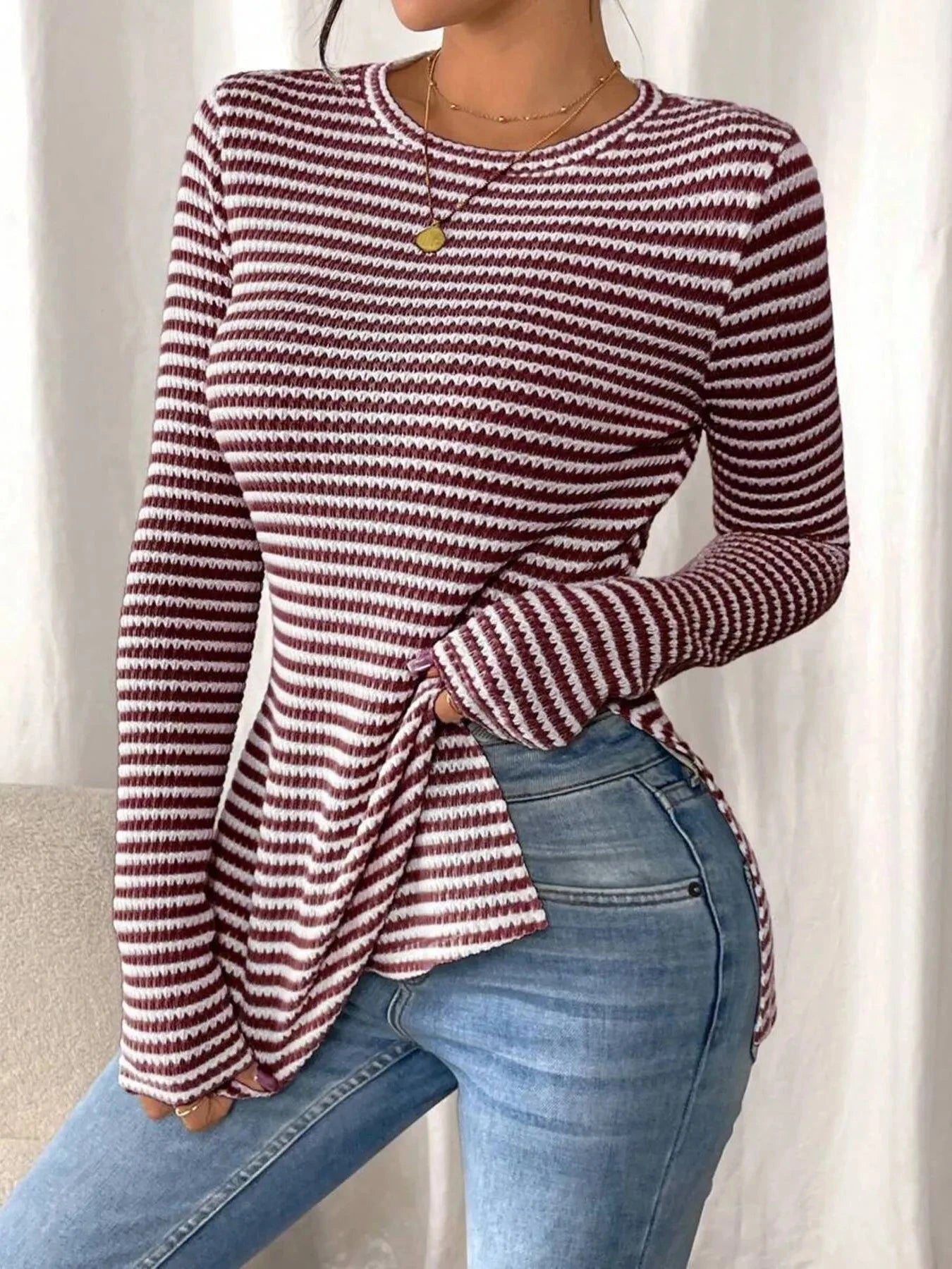 Side Slit Striped Long Sleeve T-Shirt Burgundy / S