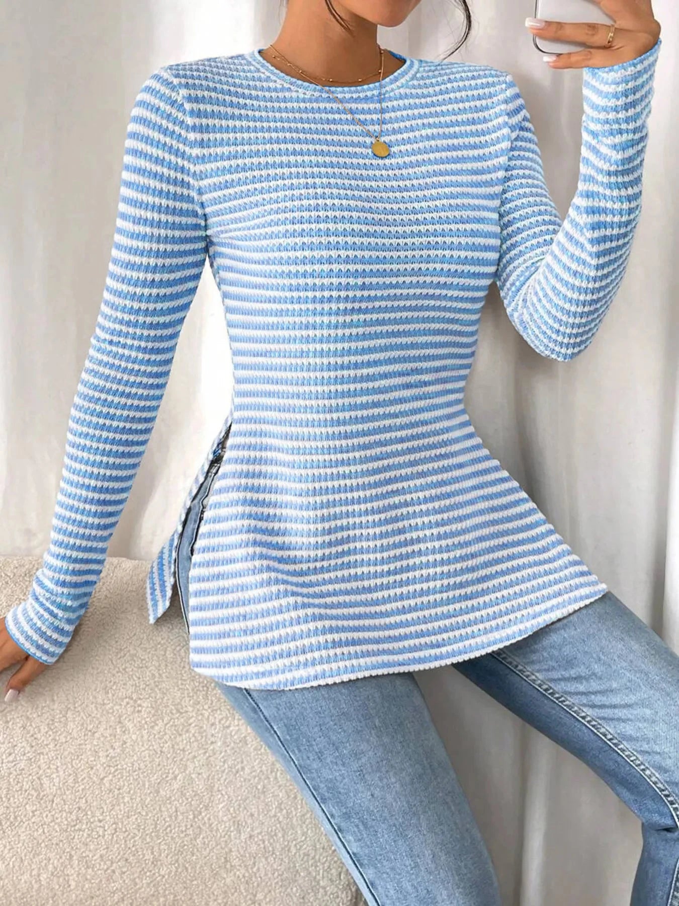 Side Slit Striped Long Sleeve T-Shirt Light Blue / S