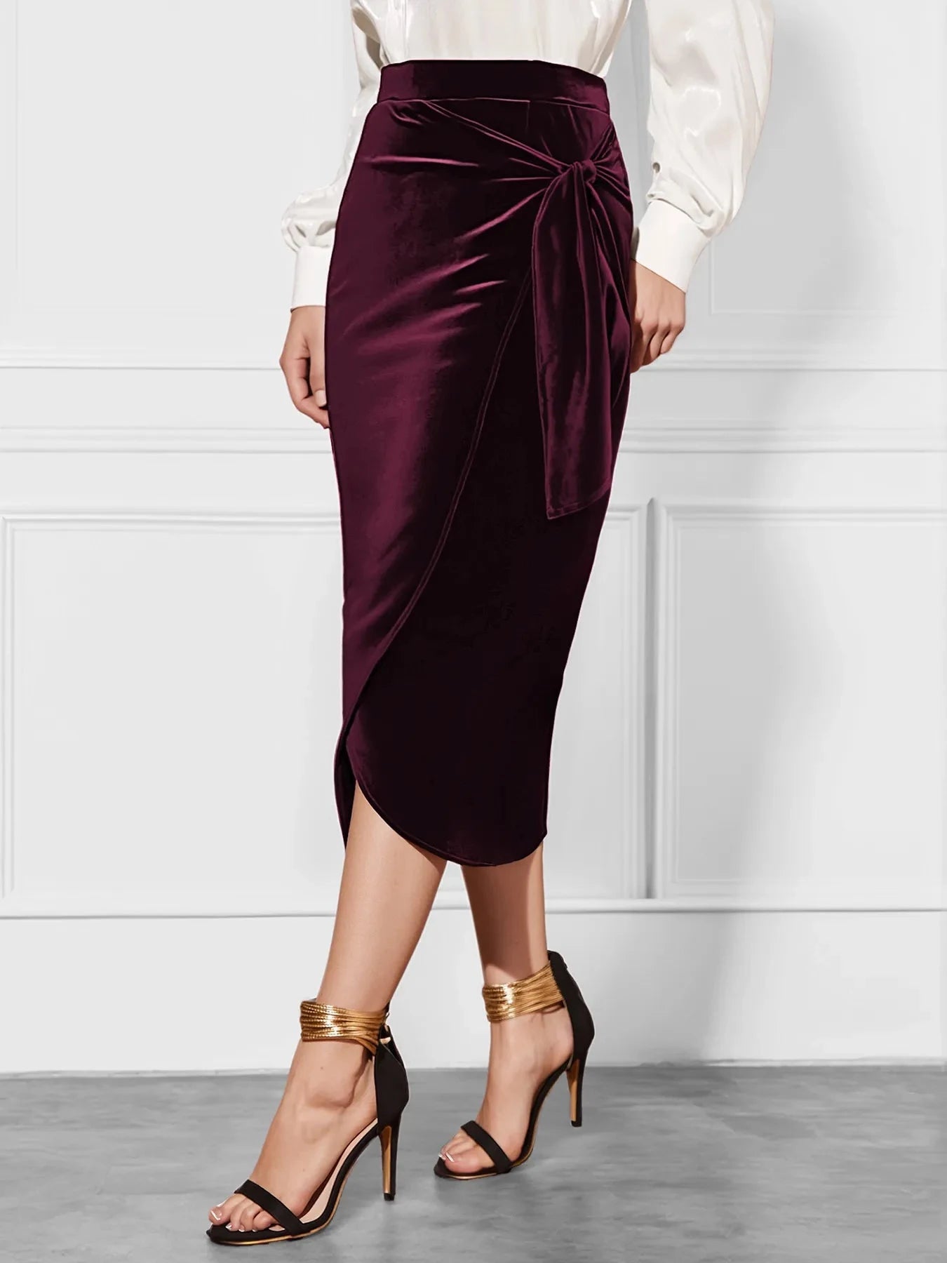 Side Tied Velvet Skirt Burgundy / S