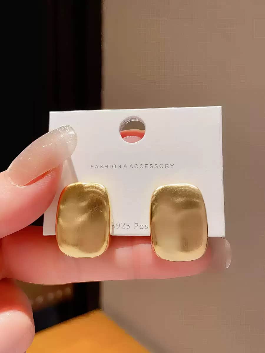 Silver Tone Rounded Square Domed Plate Stud Earrings