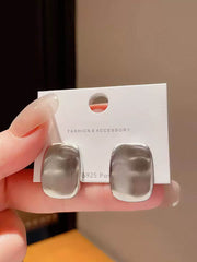 Silver Tone Rounded Square Domed Plate Stud Earrings