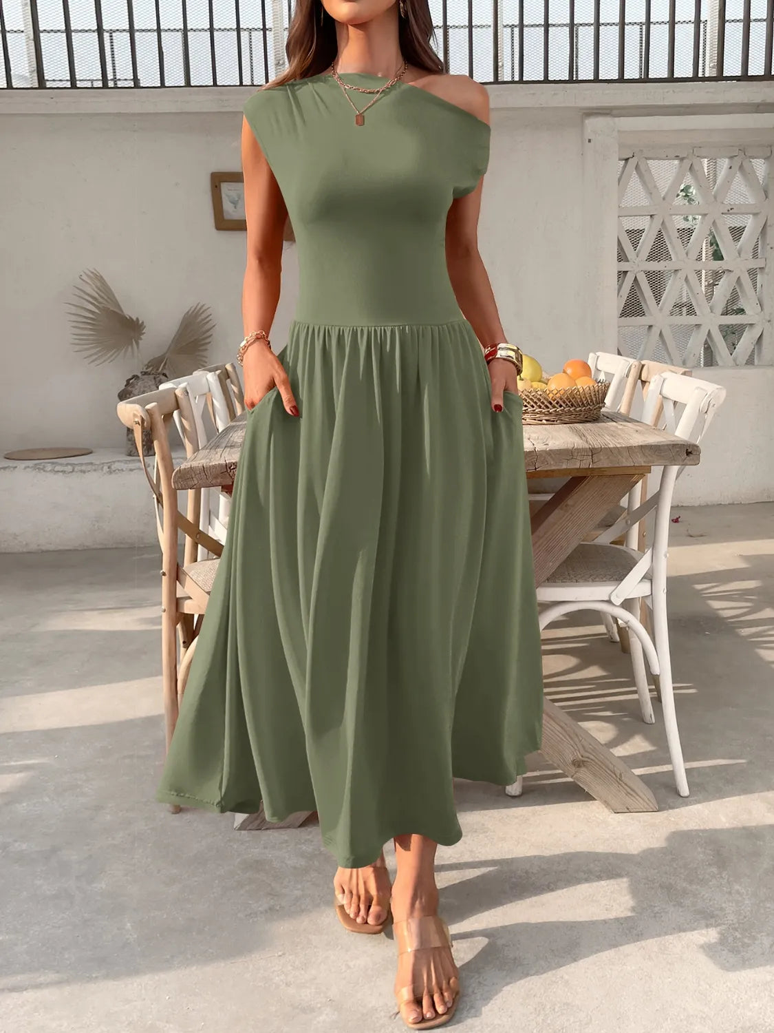 Single Shoulder Midi Dress with Pockets Army Green / S