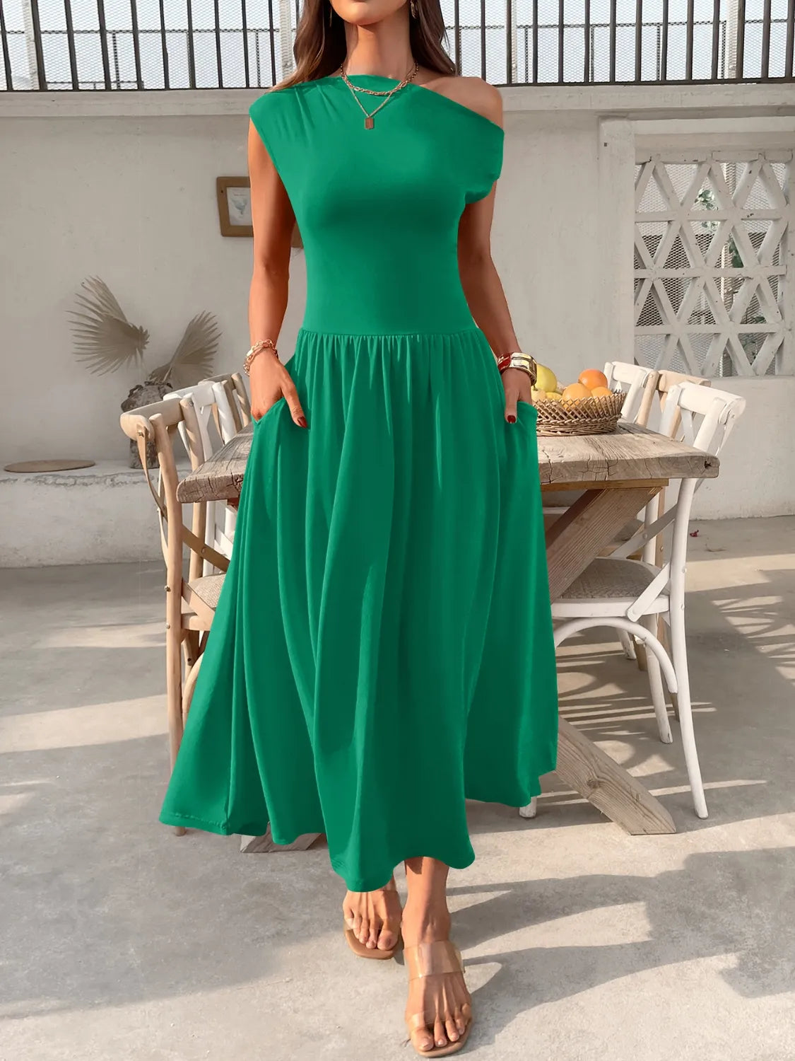 Single Shoulder Midi Dress with Pockets Green / S