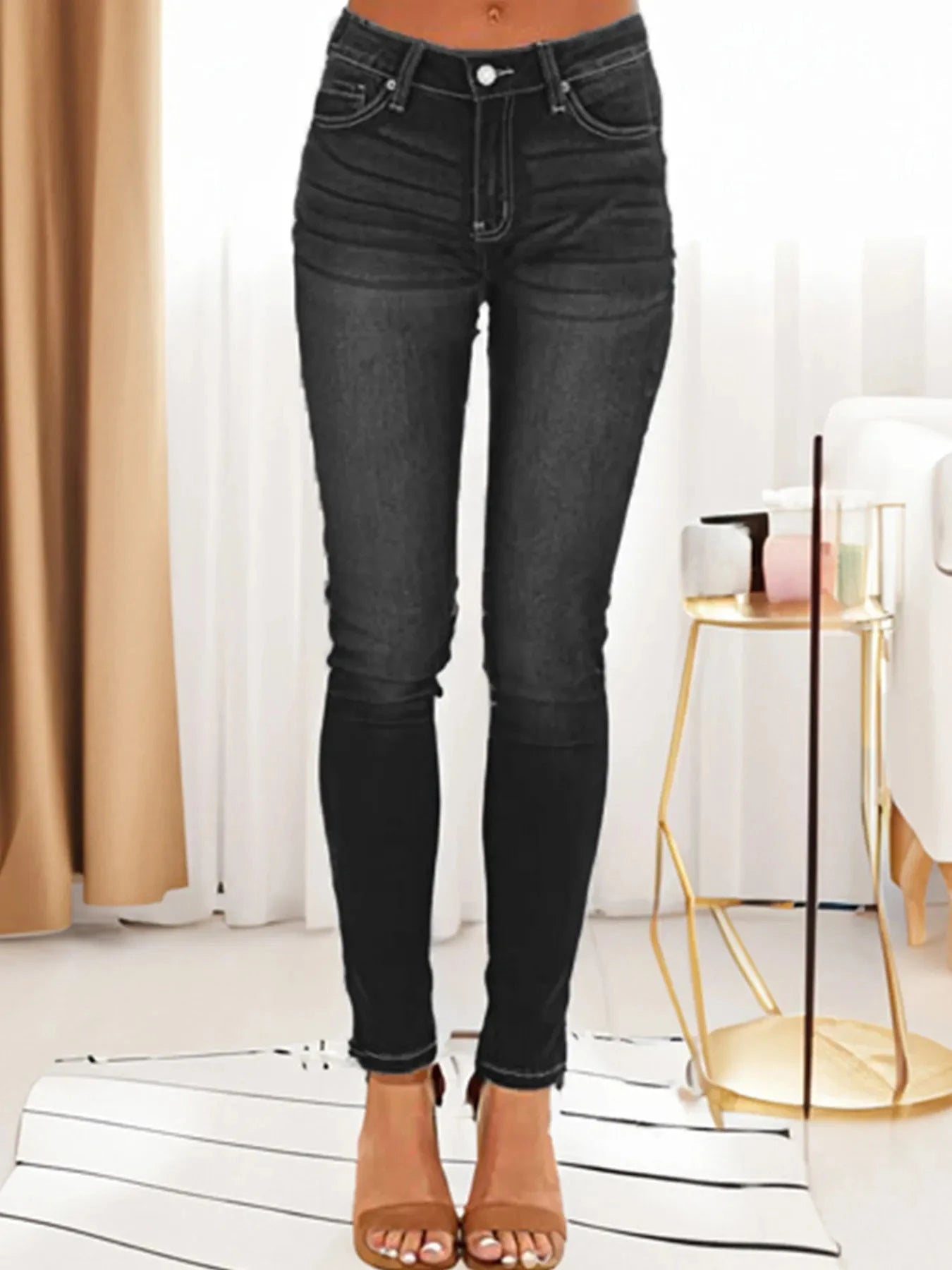 Skinny Fit Washed Jeans Black / XS