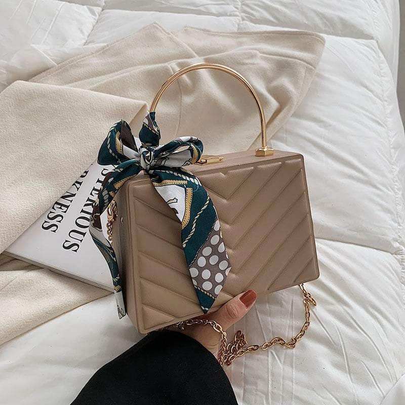 Sleek Box Crossbody Bag with Silk Ribbon Accent Tan / Celestial