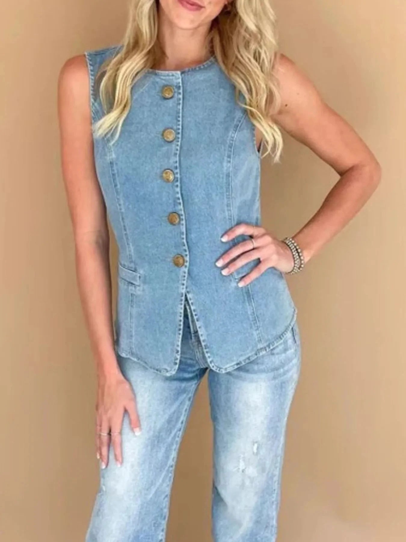 Sleeveless Button-Front Denim Vest