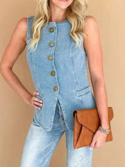 Sleeveless Button-Front Denim Vest