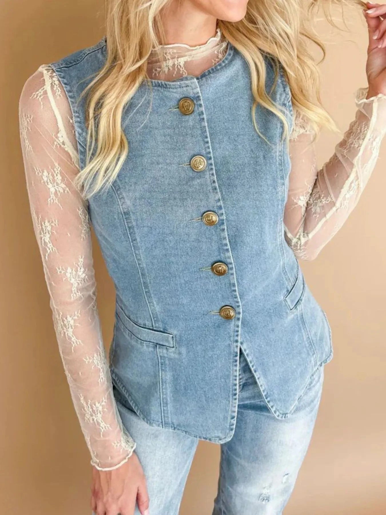 Sleeveless Button-Front Denim Vest