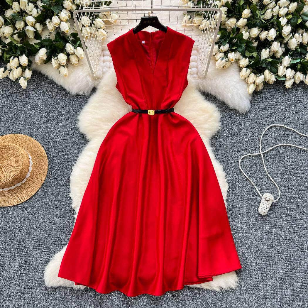 Sleeveless Cap Sleeves V-Neck Midi Dress S / Red