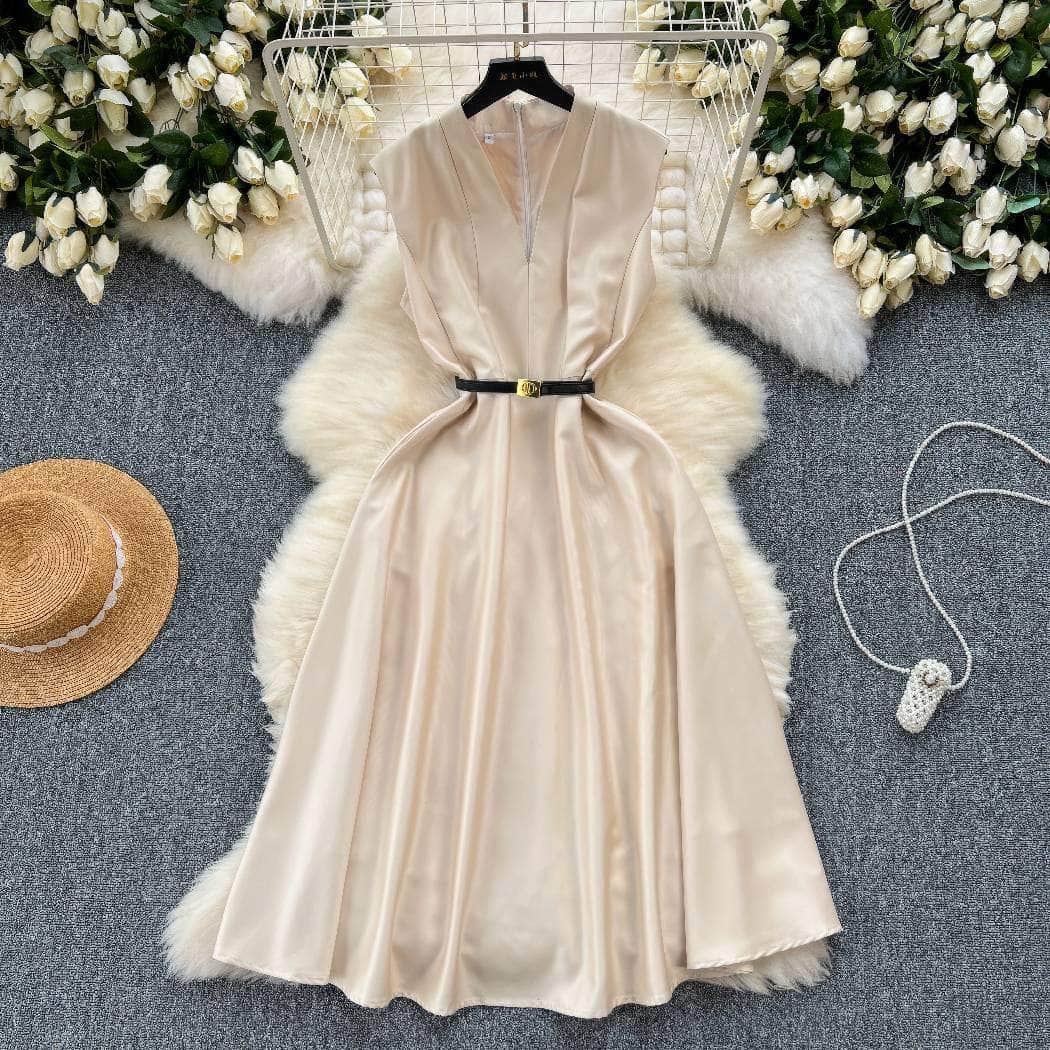 Sleeveless Cap Sleeves V-Neck Midi Dress S / Tan
