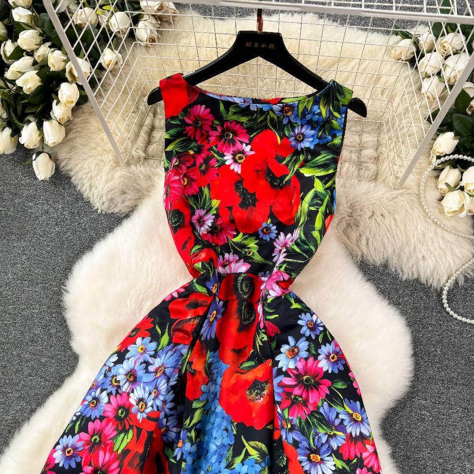 Sleeveless Floral Print Vintage Large Pleated Midi Dress