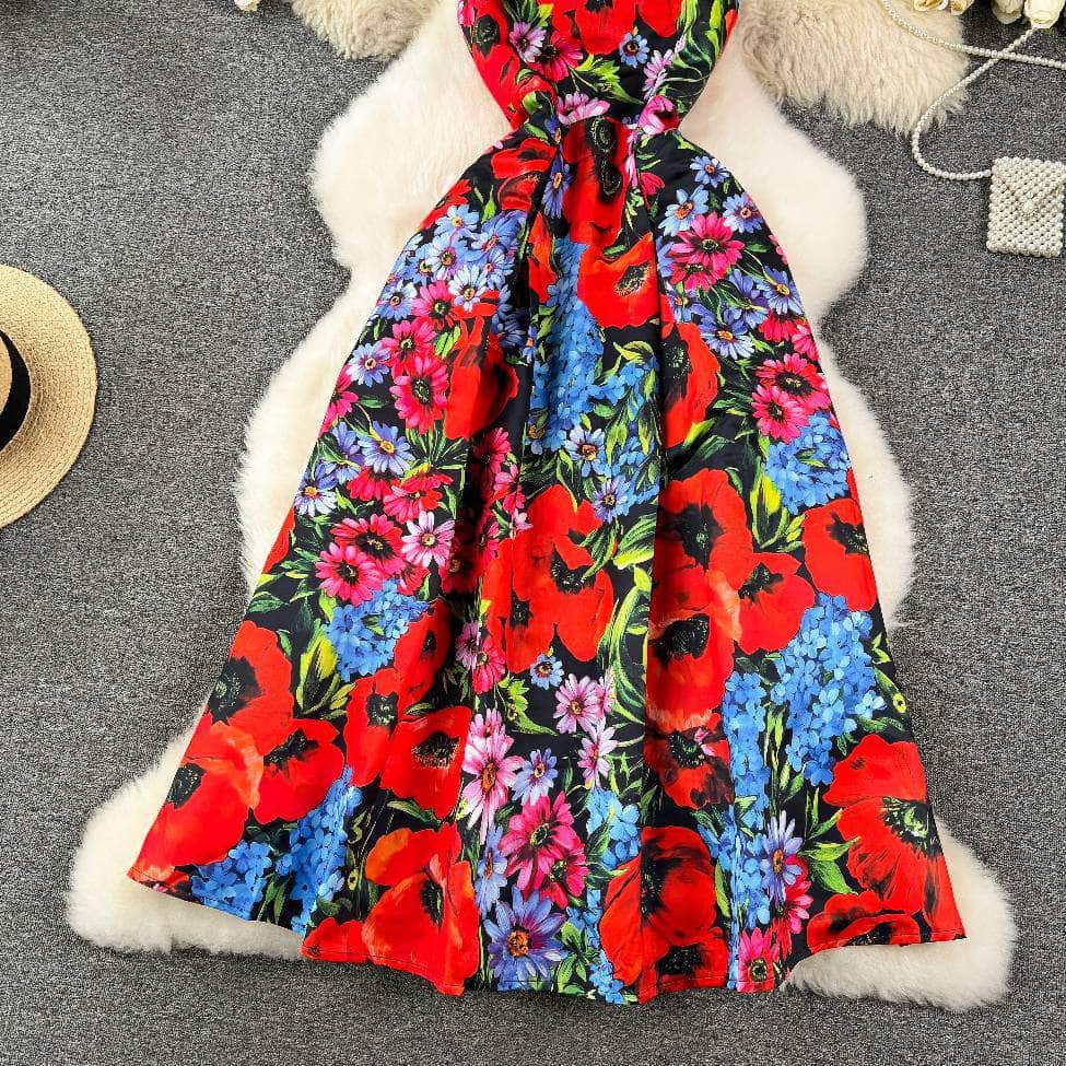 Sleeveless Floral Print Vintage Large Pleated Midi Dress