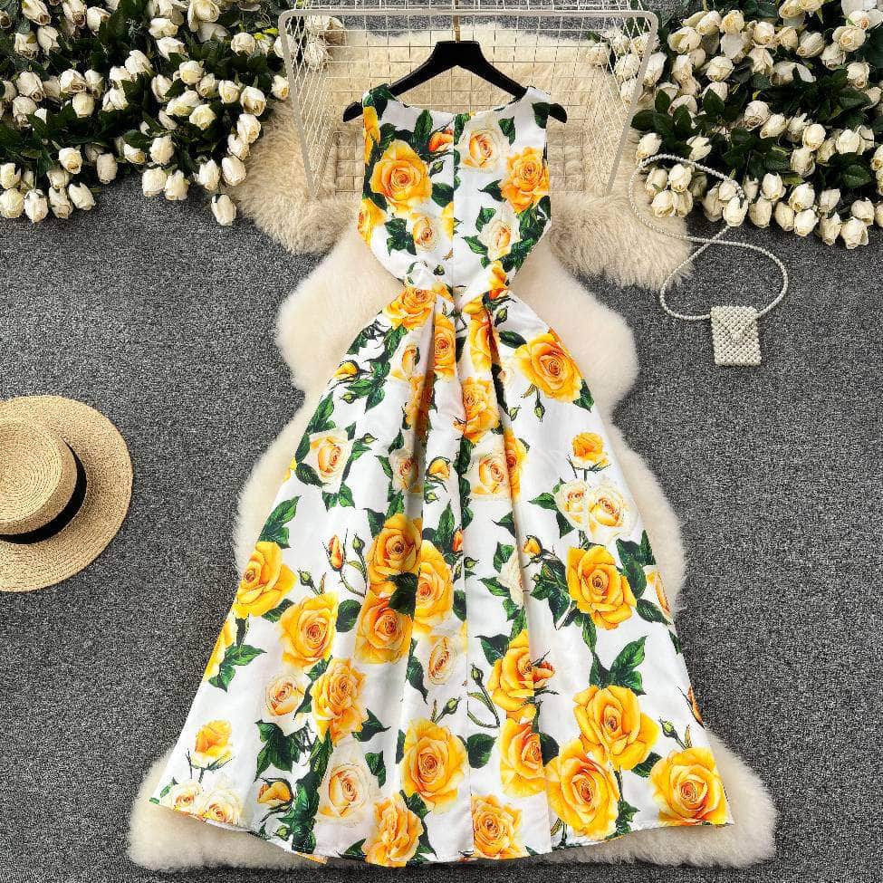 Sleeveless Floral Print Vintage Large Pleated Midi Dress