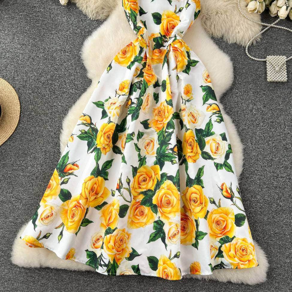 Sleeveless Floral Print Vintage Large Pleated Midi Dress