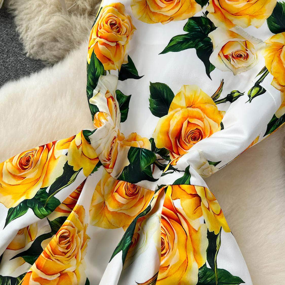 Sleeveless Floral Print Vintage Large Pleated Midi Dress