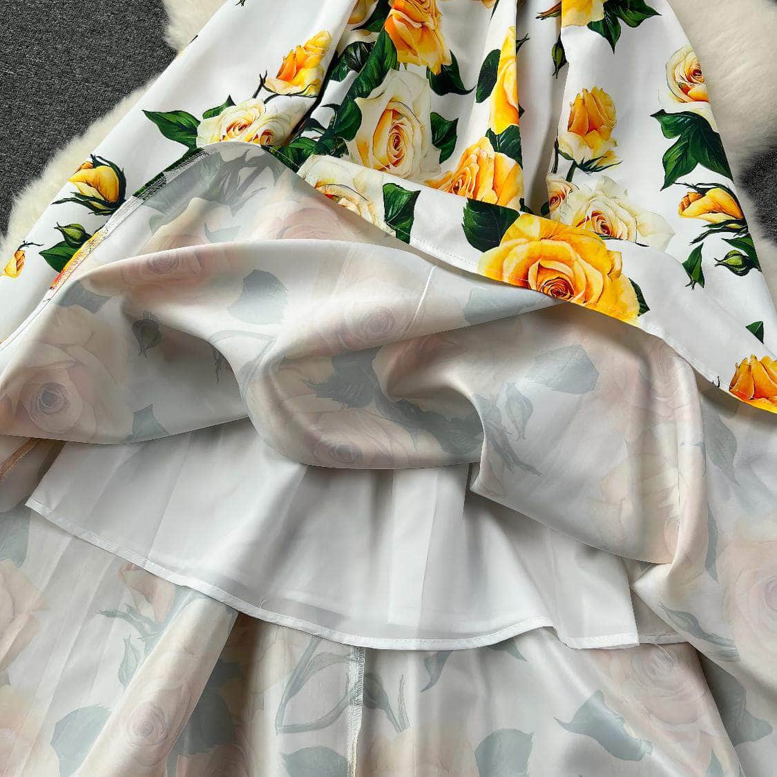 Sleeveless Floral Print Vintage Large Pleated Midi Dress