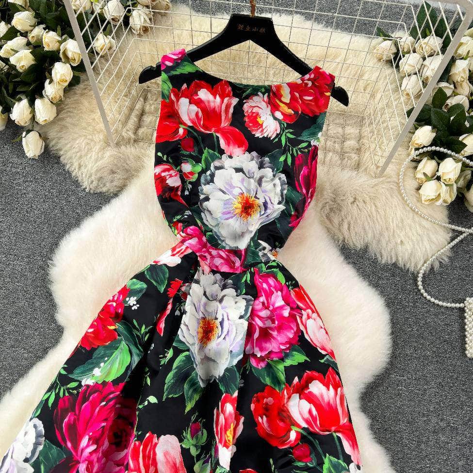 Sleeveless Floral Print Vintage Large Pleated Midi Dress