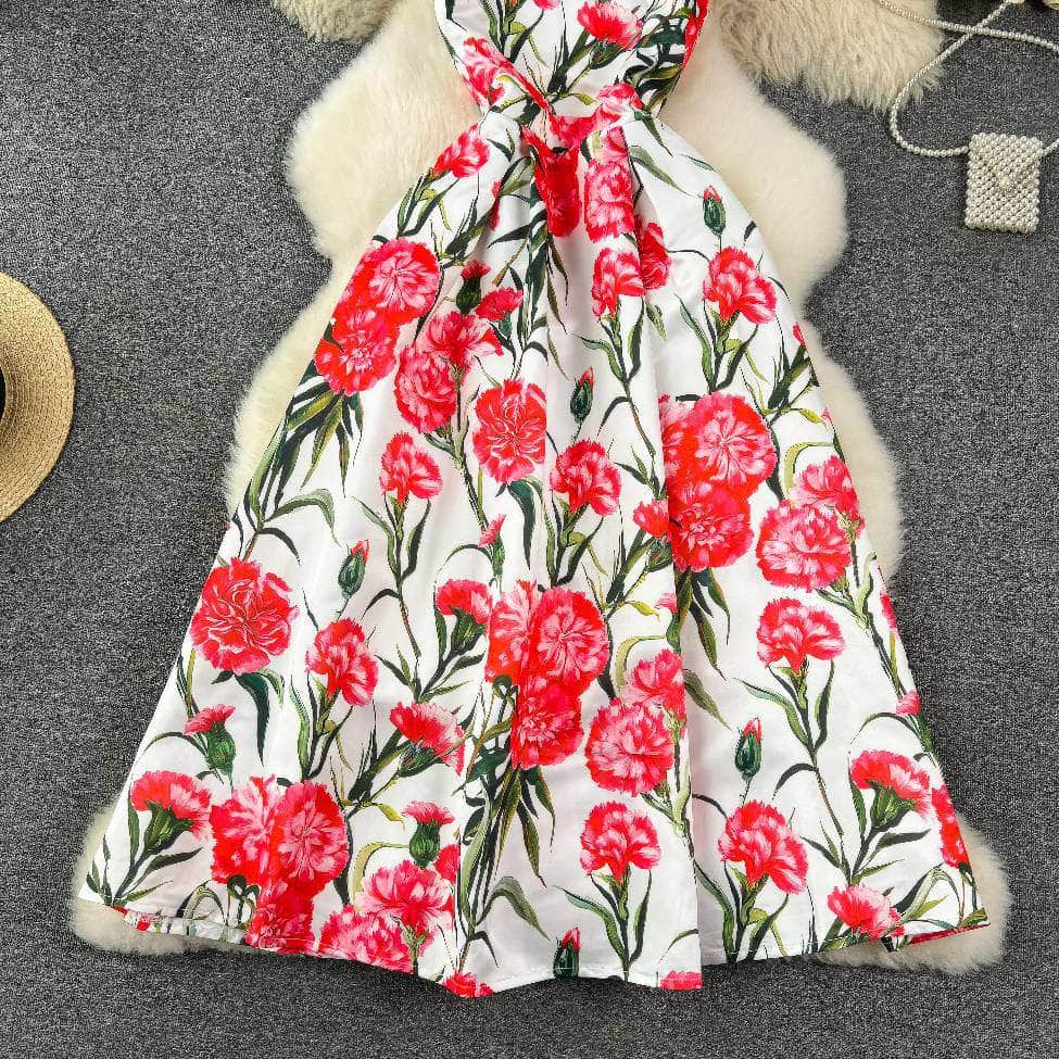 Sleeveless Floral Print Vintage Large Pleated Midi Dress