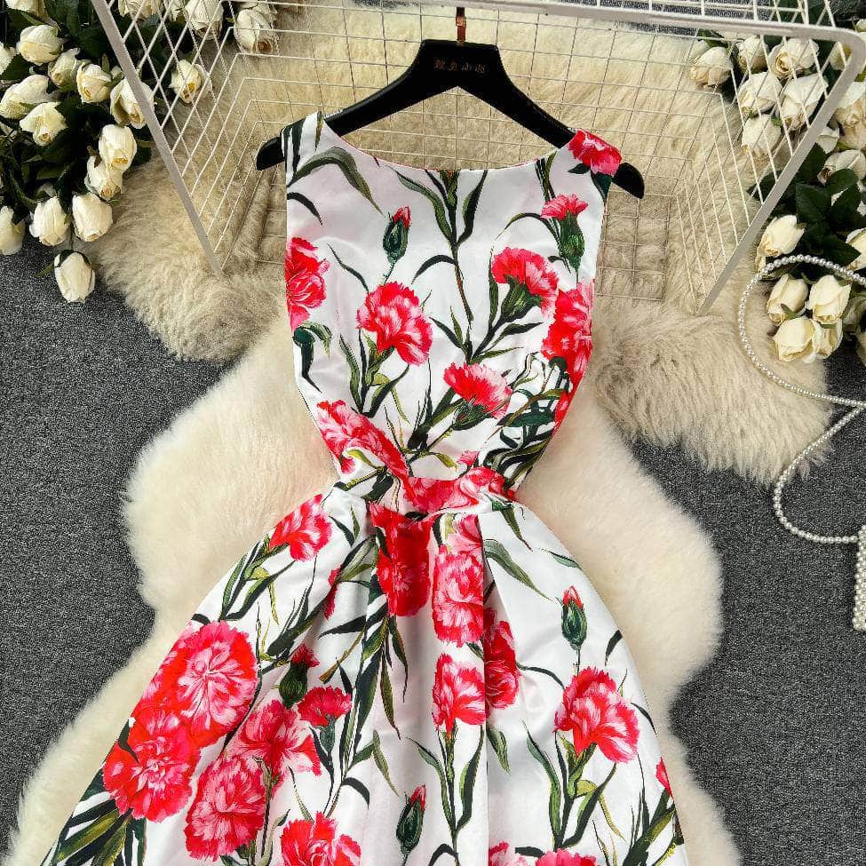 Sleeveless Floral Print Vintage Large Pleated Midi Dress