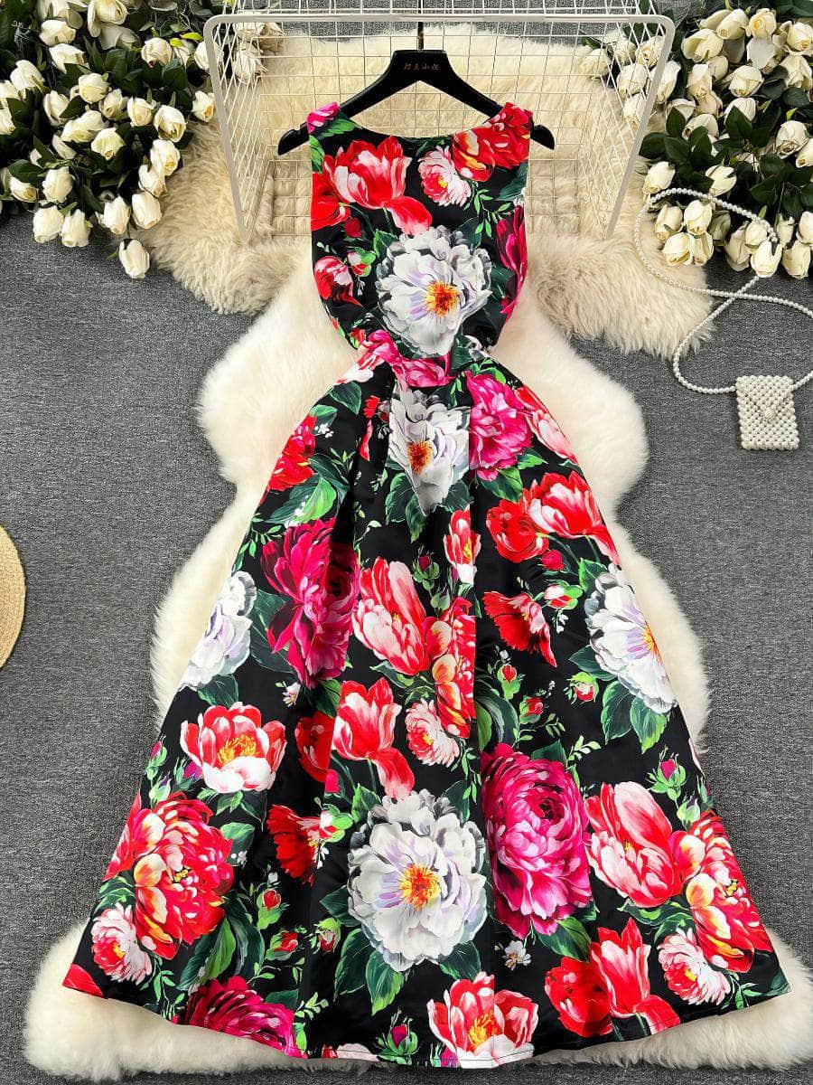 Sleeveless Floral Print Vintage Large Pleated Midi Dress S / DeepPink