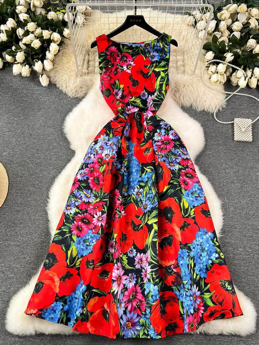 Sleeveless Floral Print Vintage Large Pleated Midi Dress S / Red