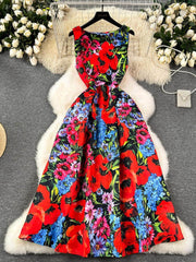 Sleeveless Floral Print Vintage Large Pleated Midi Dress S / Red