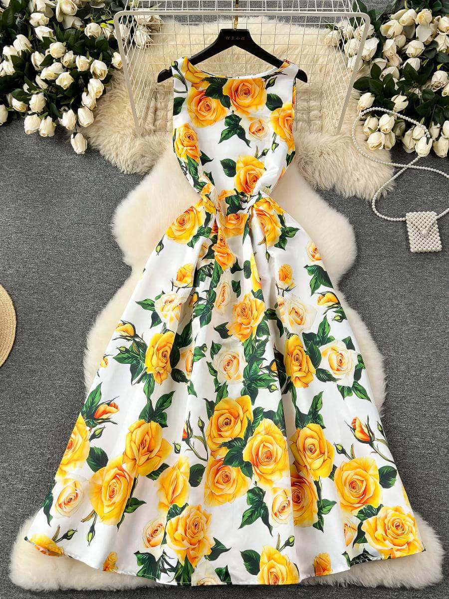 Sleeveless Floral Print Vintage Large Pleated Midi Dress S / Yellow