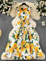 Sleeveless Floral Print Vintage Large Pleated Midi Dress S / Yellow
