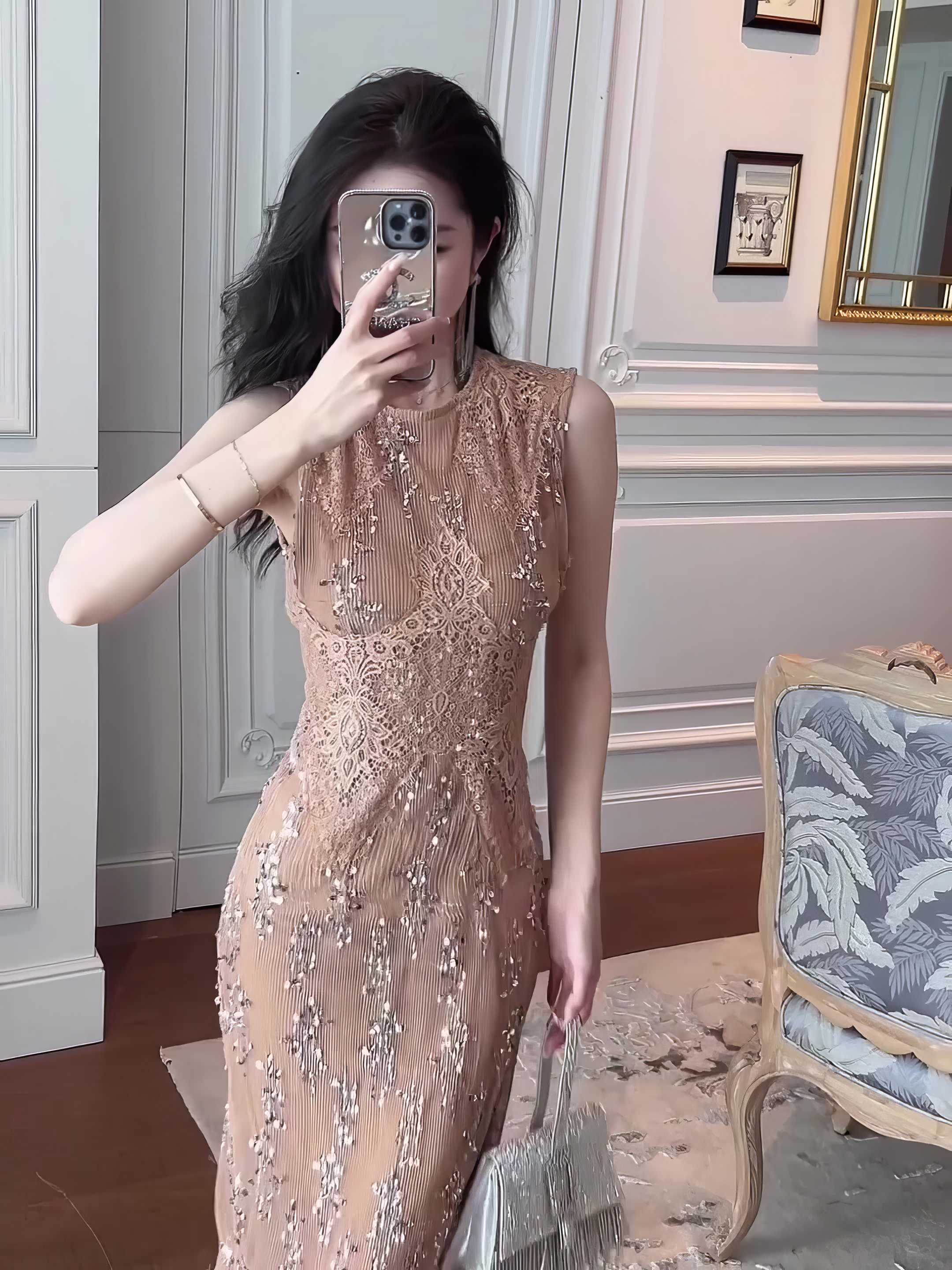 Sleeveless Sequined Midi Cocktail Dress