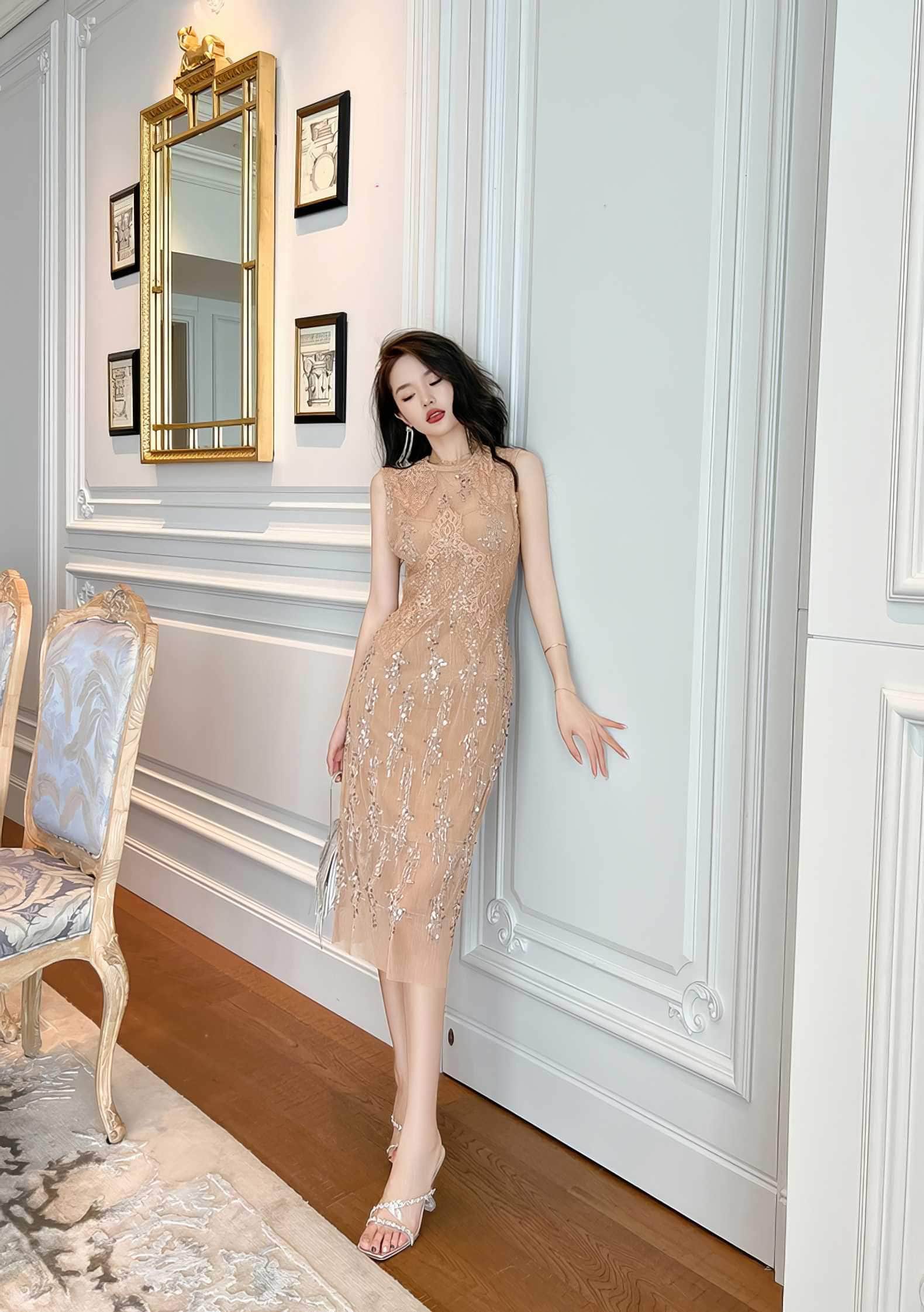 Sleeveless Sequined Midi Cocktail Dress