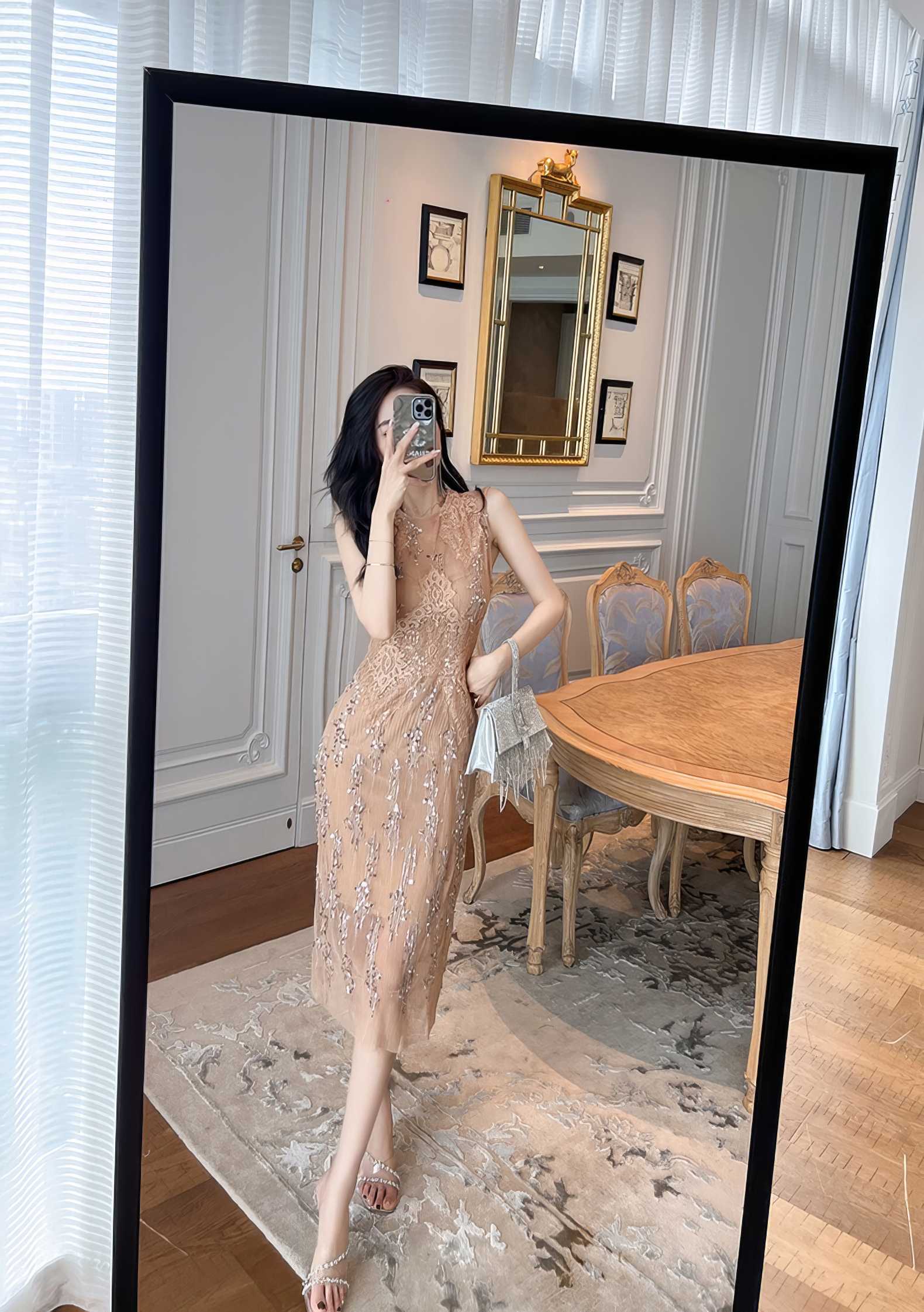 Sleeveless Sequined Midi Cocktail Dress