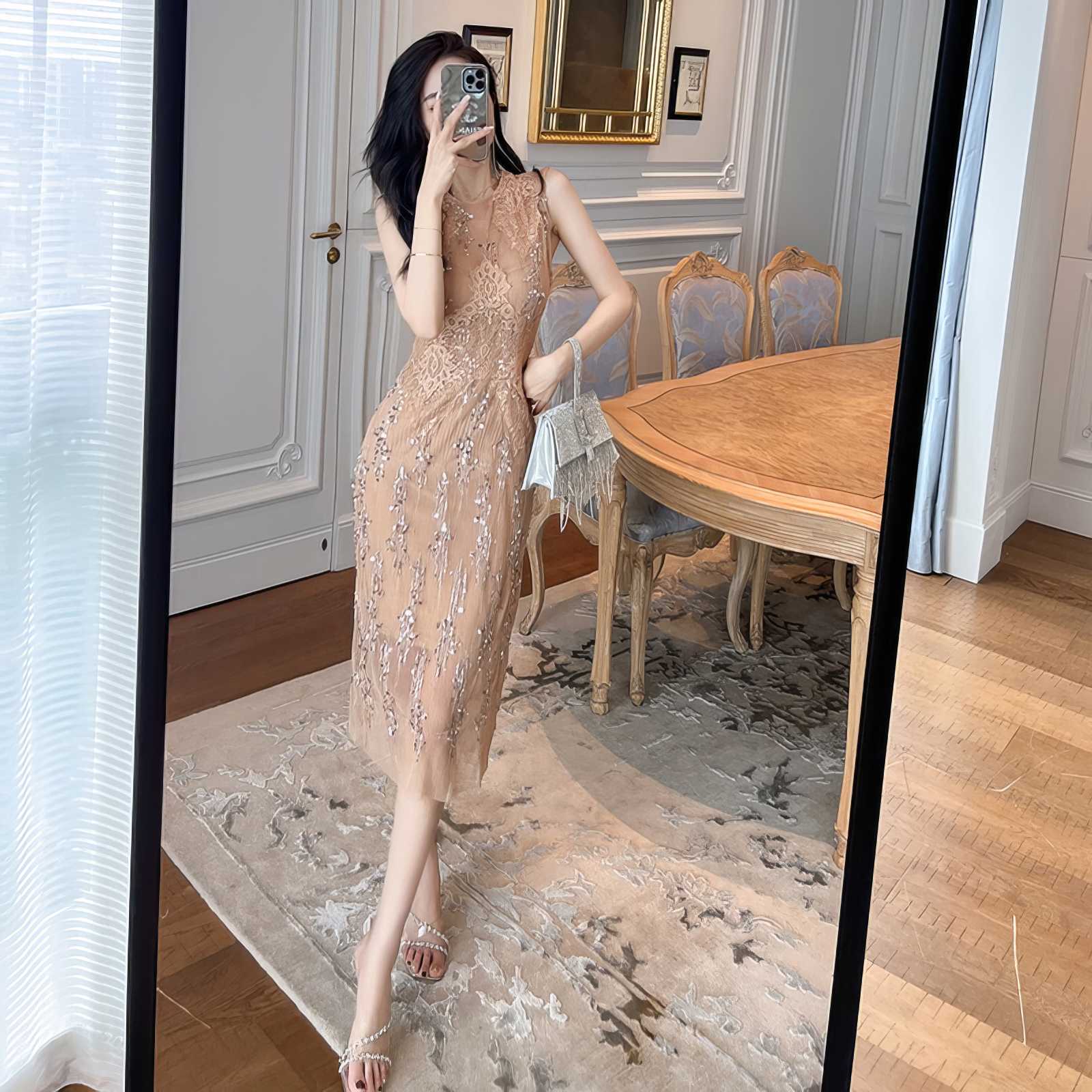 Sleeveless Sequined Midi Cocktail Dress