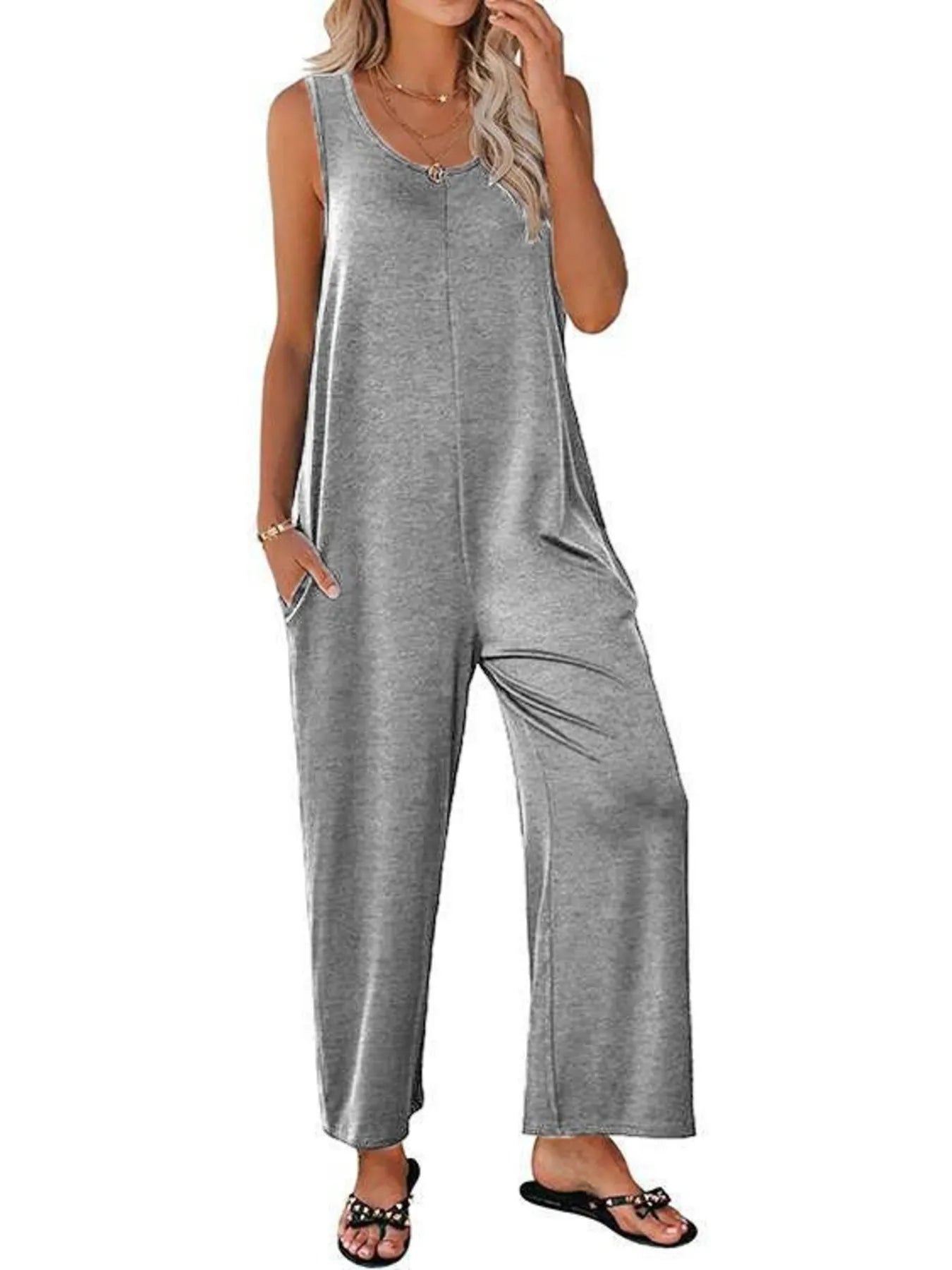 Sleeveless Wide Leg Casual Jumpsuit Grey / S