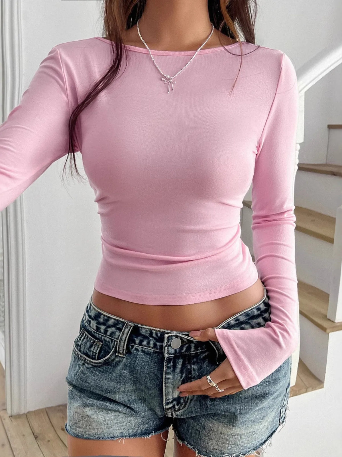 Slim Fit Long Sleeve Crop Top Pink / S