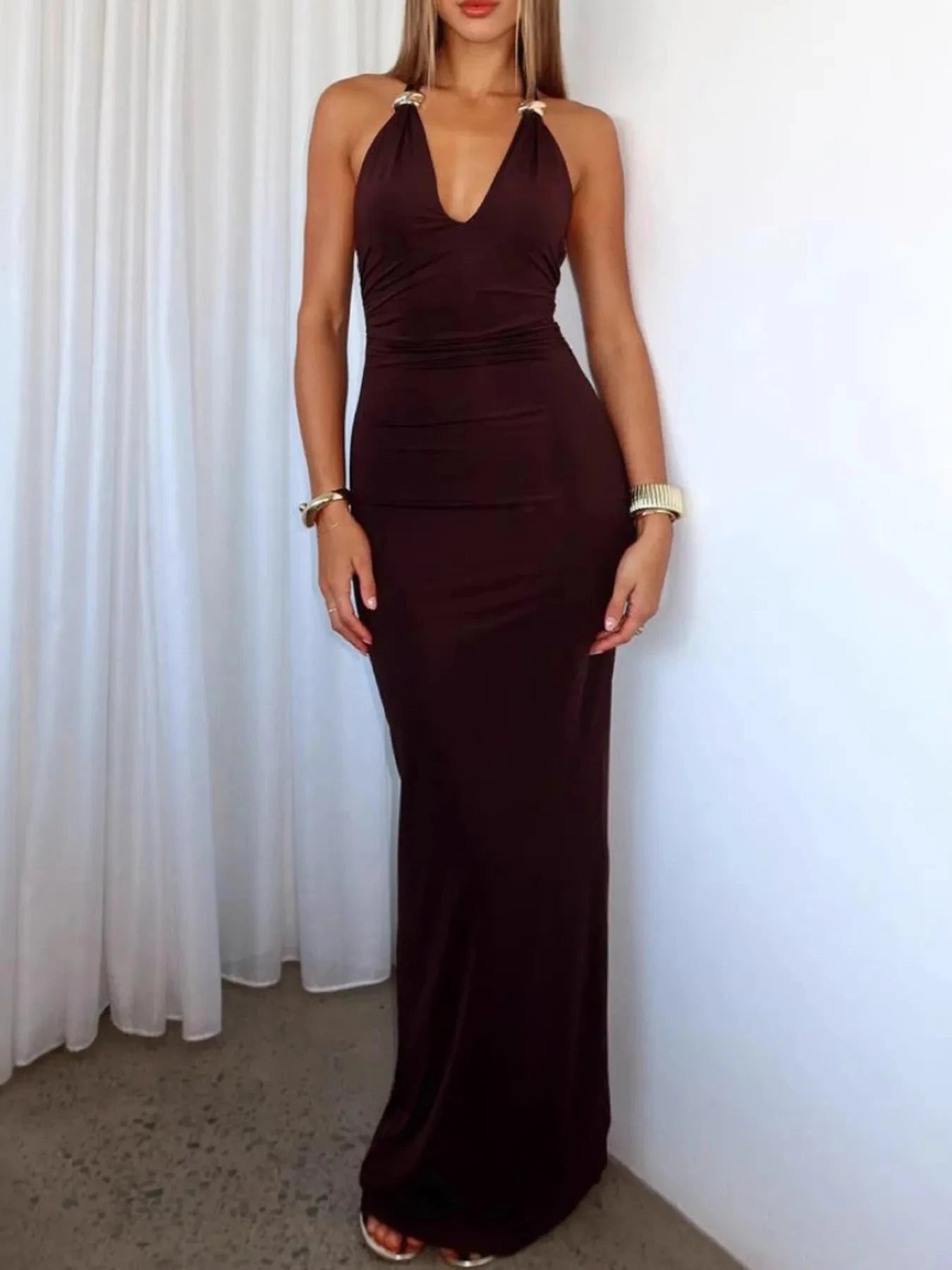 Slit Back Halter Neck Maxi Dress Wine Red / S